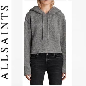 AllSaints Ava Fluffy Hoodie Crop Sweater Gray Shaggy Warm Wool Alpaca Blend XS